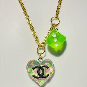 Gold Necklace with Heart and Green Dice Charms
